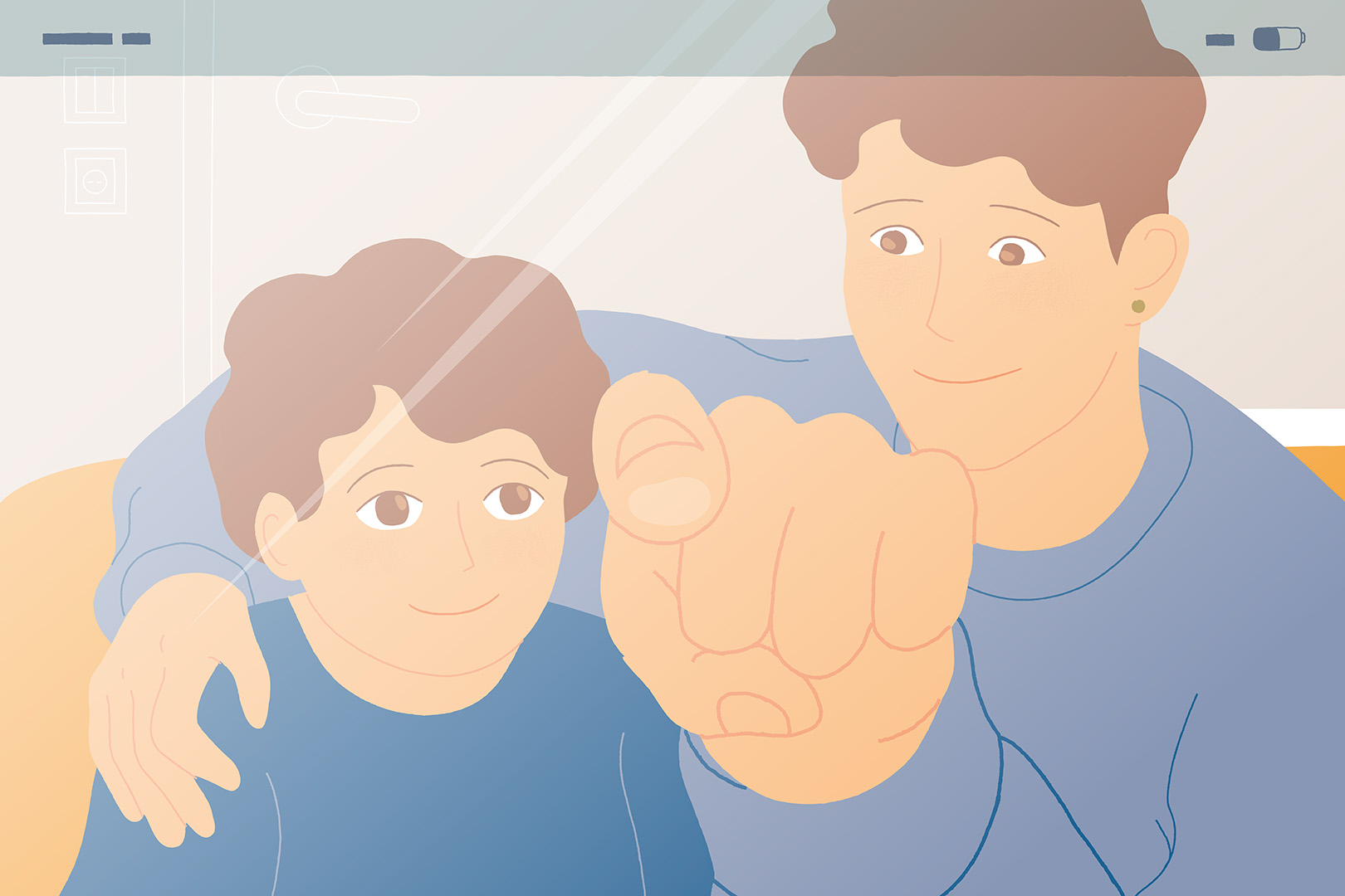 Et barn og en voksen kigger ind i en skærm.