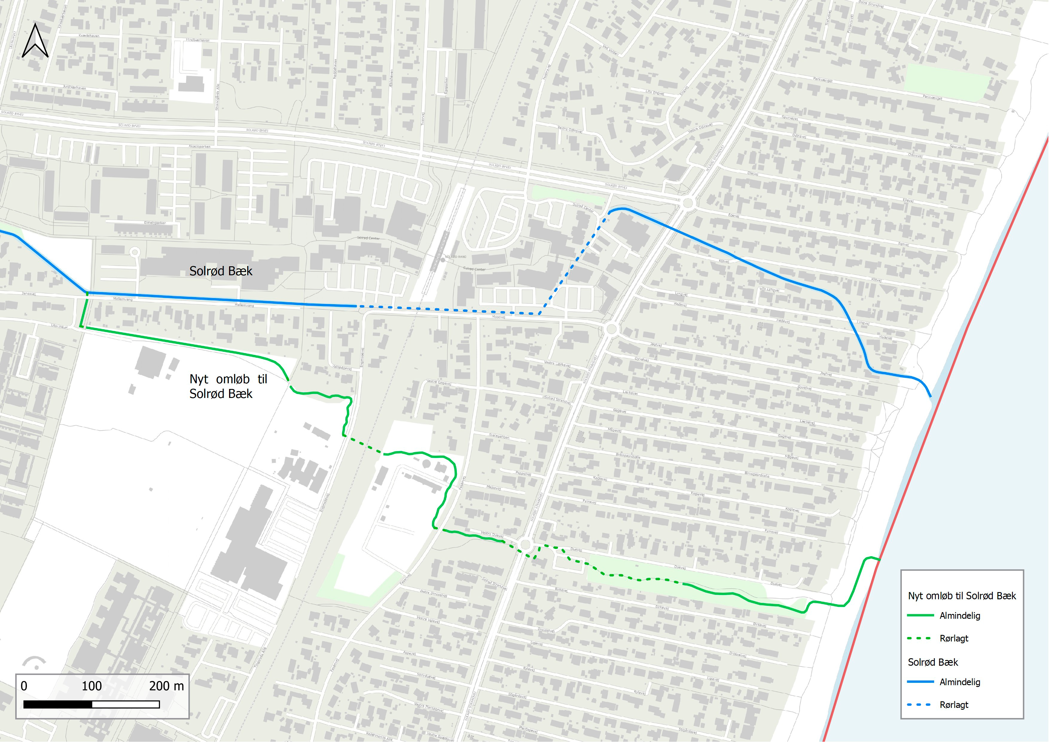 Et billede, der viser, hvordan et nyt omløb til Solrød Bæk vil passere ned igennem Solrød Strand og ud til Køge Bugt.