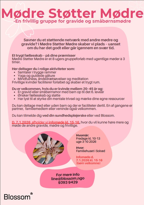 Flyer der beskriver gruppetilbudet "Mødre Støtter Mødre"