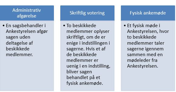 En sag i Ankestyrelsen kan afgøres administrativt, hvor en sagsbehandler afgør sagen uden deltagelse af beskikkede medlemmer. En sag kan også afgøres ved skriftlig votering, hvor to beskikkede medlemmer oplyser om de er enige i sagens indstilling. Hvis et eller flere beskikkede medlemmer er uenige, behandles sagen på et fysisk ankemøde. En sag kan endelig afgøres ved et fysisk møde i Ankestyrelsen, hvor to beskikkede medlemmer taler sagen igennem med en mødeleder fra Ankestyrelsen.