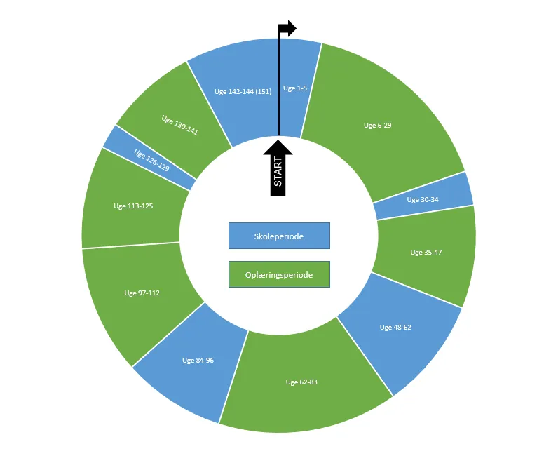Billedet viser et grafisk overblik over SSA-uddannelsens opbygning: Skoleperiode - uge 1-5. Oplæringsperiode - uge 6-29. Skoleperiode - uge 30-34. Oplæringsperiode - uge 35-47. Skoleperiode - uge 48-62. Oplæringsperiode - uge 62-83. Skoleperiode - uge 84-96. Oplæringsperiode - uge 97-112. Oplæringsperiode - uge 113-125. Skoleperiode - uge 126-129. Oplæringsperiode - uge 130-141. Skoleperiode - uge 142-144(151).