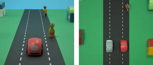 Illustration af korrekt kørsel på 2 minus 1 vej med cykellist